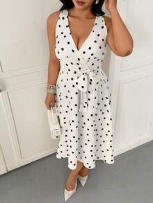 Femmeverse 大码女式波点复古风收腰连衣裙 - 彩色 - 查看 7