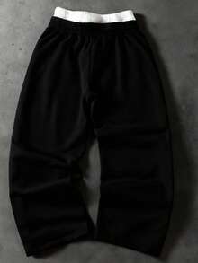 PAVTROS Quần ống rộng phong cách đường phố trẻ trung với khóa kéo đôi ở eo và hai bên hông, thời trang đường phố, dáng rộng, họa tiết đồ họa, phối đồ, bạn bè, thể hiện tình yêu với bạn trai, phong cách đường phố, cặp đôi, cạp quần đôi, viền phản quang cho các họa tiết thêu bán chạy. - màu đen - Xem 2