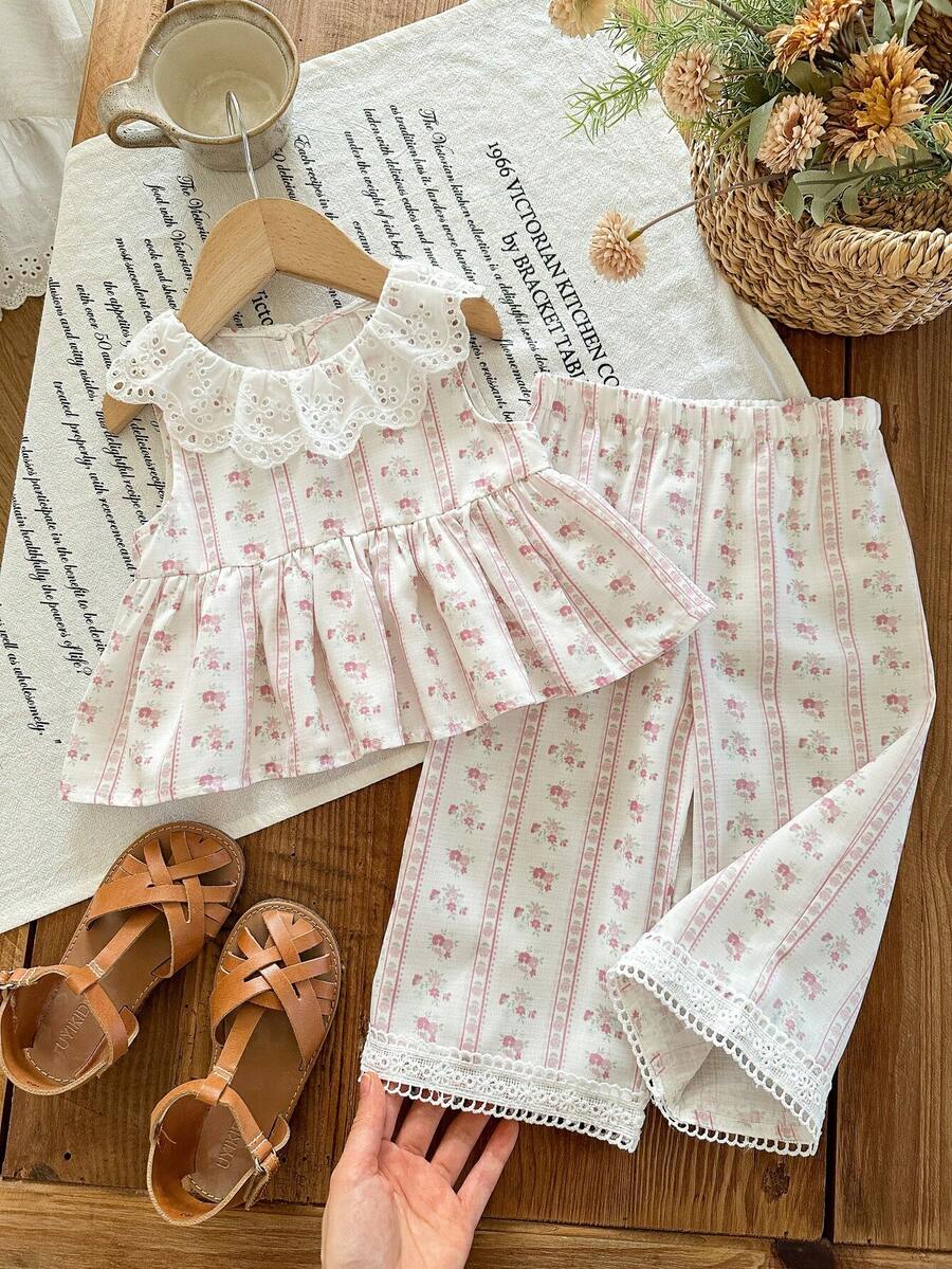 SHEIN LMoss Kids Babygirl Cute Floral Print Ruffle Trim Top And Pants Set, Summer