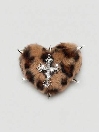 Kawaii 1 Pieza Pasador de pelo con estilo punk de peluche con estampado de leopardo, pasador de pato con clip de cruz de diamante con estampado de leopardo gótico de alta calidad, accesorios de pelo de moda de remache de diseño exclusivo