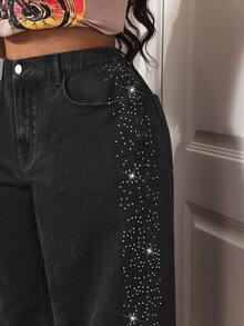 Slaydiva Quần jeans nữ cỡ lớn cạp cao có túi, đính đá, ống rộng, dáng suông, phong cách thường ngày. - màu đen - Xem 7