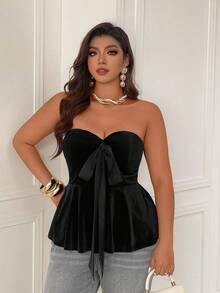 Femmeverse 深V领丝绒缎面抹胸吊带背心 - 黑色 - 查看 3