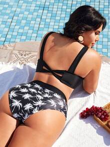 Swim Lushoire بيكيني مكون من قطعتين للنساء ذوات الحجم الكبير، قطعة علوية بلون واحد وقطعة سفلية بطبعة أشجار النخيل، مثالي للشاطئ والمنتجعات، تصميم بسيط وأنيق - أبيض وأسود - مشاهدة 1