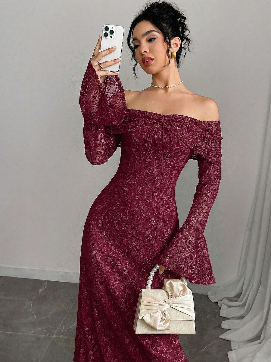 Modelyn 女士优雅蕾丝露肩喇叭袖中长连衣裙,秋季 - 酒紅色 - 查看 1