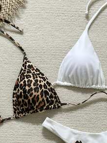 Swim Vcay Springbreak 新款豹纹纯色露背高开叉细肩带比基尼套装泳衣 - 彩色 - 查看 6