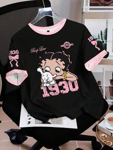Betty Boop x SHEIN 女士休闲撞色滚边卡通图案圆领短袖T恤，夏季 - 白色 - 查看 1