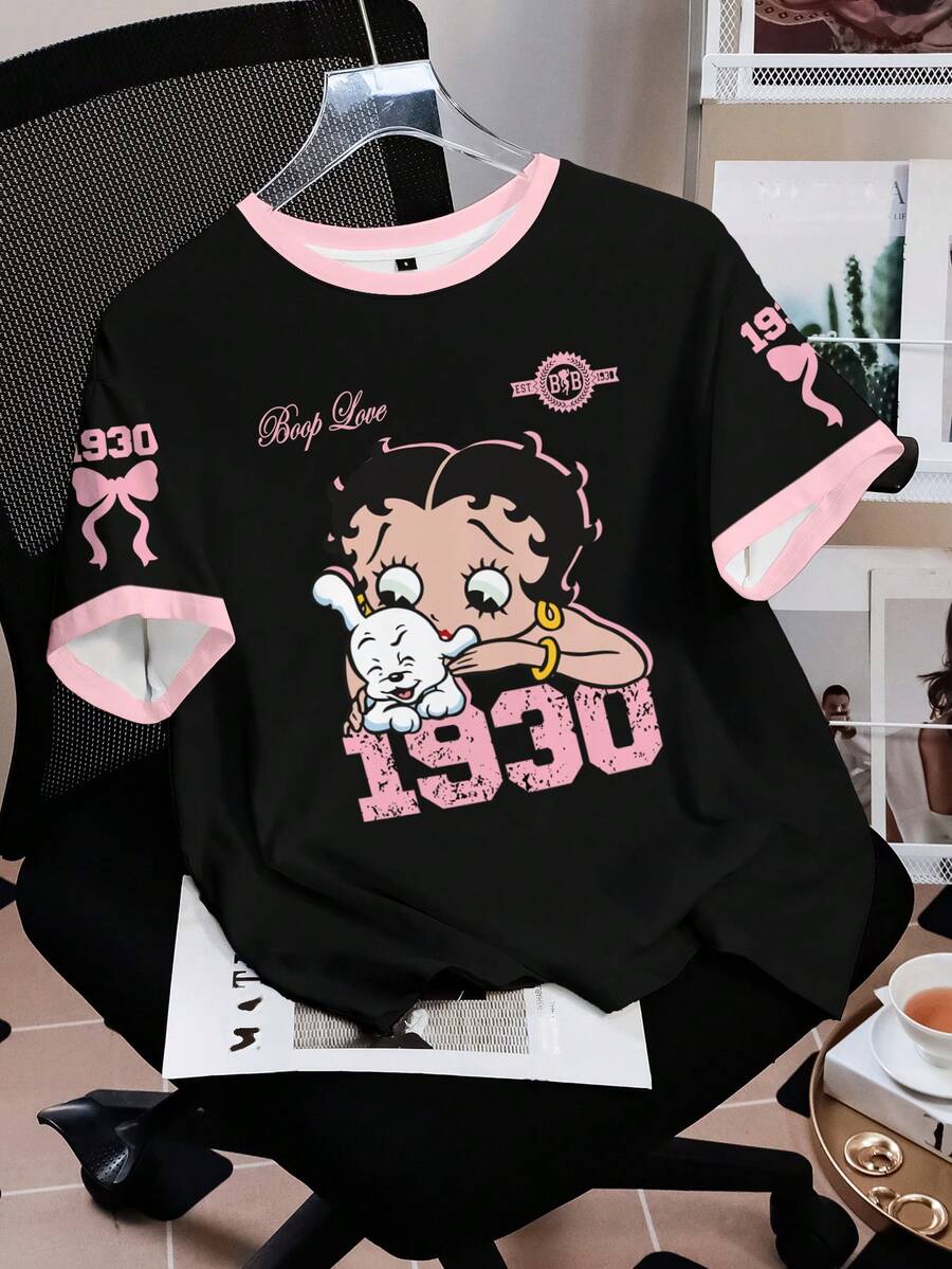 Betty Boop x SHEIN 女士休闲撞色滚边卡通图案圆领短袖T恤，夏季 - 白色 - 查看 1