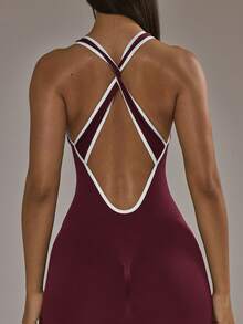 Musera Sport Contrast Trim Plunge Fitted Jumpsuit Padel Autumn Fall Winter Activewear Sport Gym Workout - Burgundy - View 2