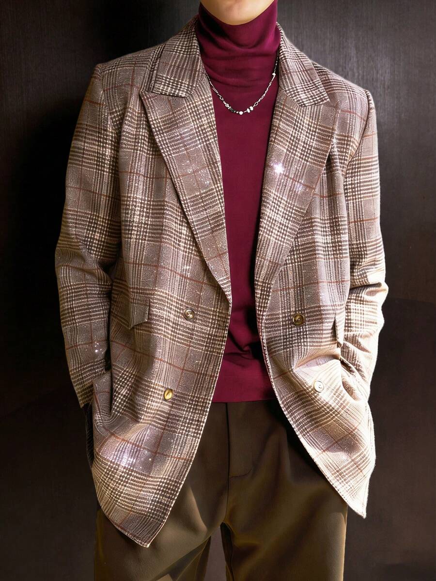 Manfinity Dauomo Vintage Coin Pattern Plaid Woolen Casual Men Jacket - Khaki - View 1