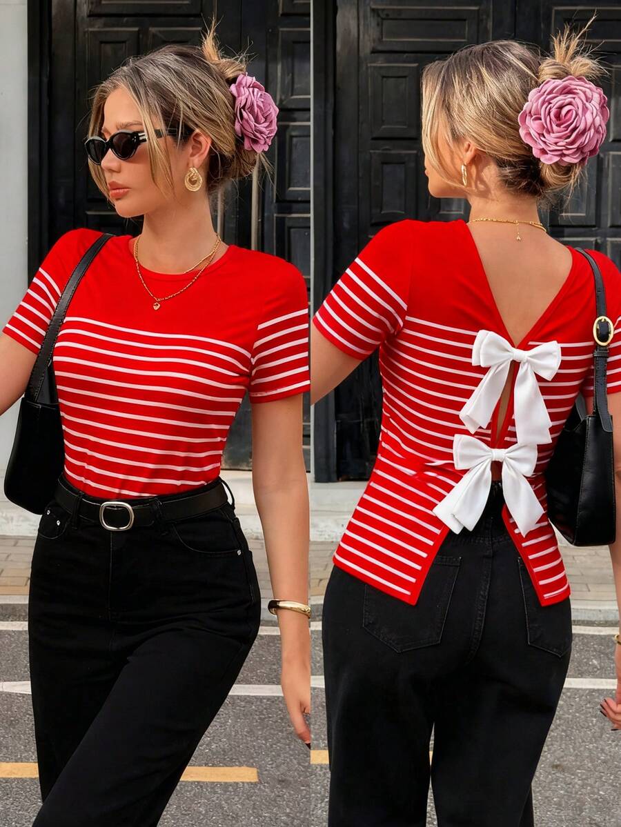 Pariaura Women's Summer Striped Print Contrast Color Bow Decor Fitted Short Sleeve T-Shirt - Red - View 1