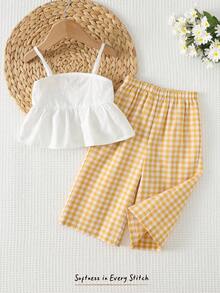 Cozy Pixies 2pcs Baby Girl Striped Camisole Top And Elastic Waist Pants Set Baby Girl Yellow Summer Outfit Linen Set Summer Gauze Tops Baby Girl Pants And Top Girls Smocked Sets - Multicolor - View 7