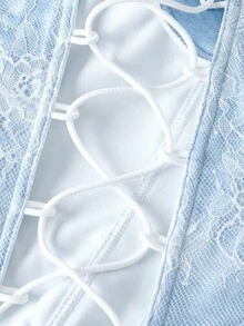 Bonmuse Áo crop top corset ren vá phong cách cung điện kiểu Pháp gợi cảm, vừa vặn, thời trang - Màu xanh nhạt - Xem 5