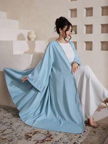 Al Najma Solid Color Round Neck Loose Luxurious Elegant Jacket With Floral Embroidery - Baby Blue - View 5