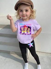 春夏女童休闲时尚创意个性清新简约可爱虚拟少女组合卡通人物彩色星星图案字母印花T恤和打底裤两件套，舒适日常穿着，温暖的夏秋风格，适合春、夏、秋季穿着。 - 彩色 - 查看 3