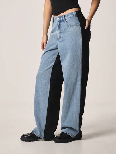 MISSGUIDED Mid Rise Two Tone Straight Leg Relaxed Fit Vintage Style Light Wash Denim Jeans Wide Leg Casual Everyday Boyfriend Style Pants