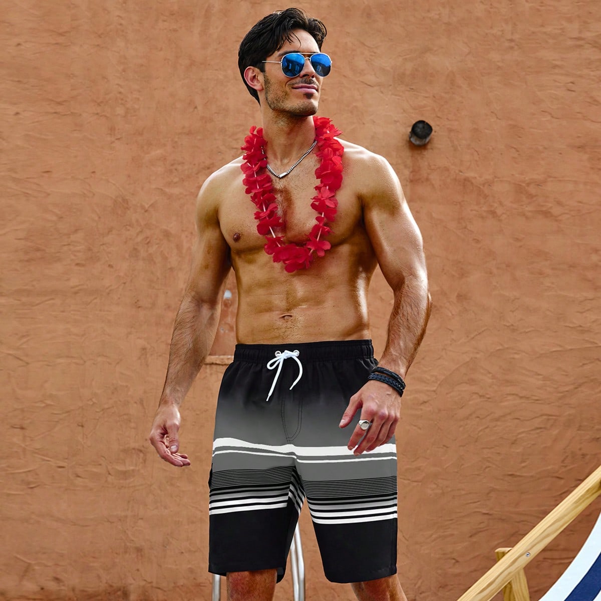 Pantalones cortos de playa casuales a rayas negras para hombres de talla grande para el verano, trajes de baño para hombres, pantalones cortos a raya