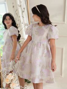 SHEIN 女童紫色欧根纱提花连衣裙，后背饰有蝴蝶结