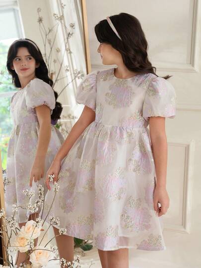 SHEIN 女童紫色欧根纱提花连衣裙，后背饰有蝴蝶结