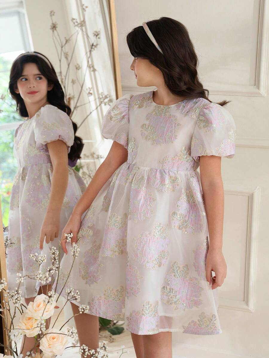 SHEIN 女童紫色欧根纱提花连衣裙，后背饰有蝴蝶结