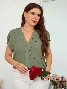Reflora Plus Size Notch Neck Petal Sleeve Heart Print Minimalist Top Valentines - Mint Green - View 7