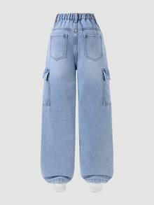 Tween Boy Cool Multi-Pocket Casual Street Style Drawstring Waist Washed Blue Denim Jeans - Light Wash - View 3