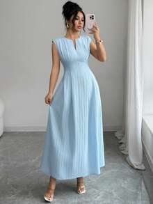 Celisse Elegant V-Neck Short Sleeve A-Line Midi Dress, Casual Waist Cinched Design For Women - Blue - View 6