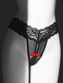 SHEIN Women's Sexy Lace Patchwork Open Crotch Bow Panties, Valentine's Day
