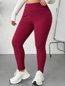 SHEIN EZwear 大码女式纯色罗纹休闲打底裤 - 紅色 - 查看 3