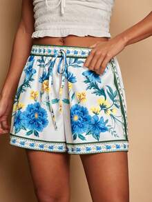 Travachic 印花打结休闲度假阔腿短裤 - 藍色 - 查看 6