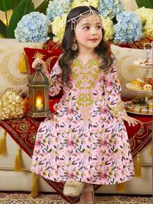 Cute Floral Print Pattern Casual Dress, Matching Family Outfits, Jalabiya Style, Suitable For Young Girls, Spring/Summer - Multicolor - View 2