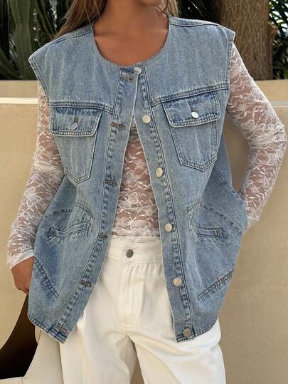 DAZY 女士圆领无袖开襟口袋装饰都市休闲牛仔衬衫