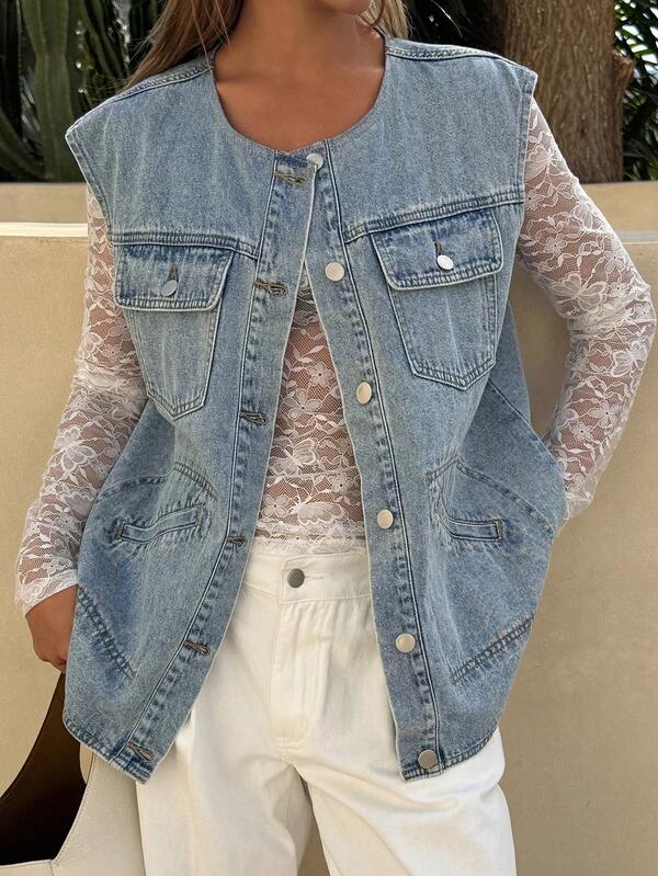 DAZY 女士圆领无袖开襟口袋装饰都市休闲牛仔衬衫