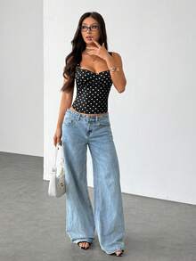 SHEIN PETITE Áo corset chấm bi đen thanh lịch dành cho nữ, thích hợp cho buổi hẹn hò, tiệc sinh nhật, hộp đêm, tiệc lễ hội. Thích hợp cho tiệc tùng với bạn gái, hẹn hò, đi làm hàng ngày, áo corset dễ thương, áo gợi cảm đi club, áo corset chấm bi. - màu đen - Xem 11