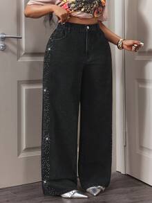 Slaydiva Quần jeans nữ cỡ lớn cạp cao có túi, đính đá, ống rộng, dáng suông, phong cách thường ngày. - màu đen - Xem 4