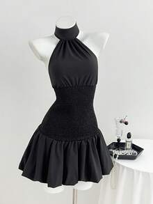 Elamini Vestido mini con cordón en la cintura, cuello halter, espalda descubierta, fruncido y volantes en el bajo, en color negro. Elegante y vintage, ideal para vacaciones, uso diario y versátil. Para mujer, primavera/verano - Negro - Ver 3