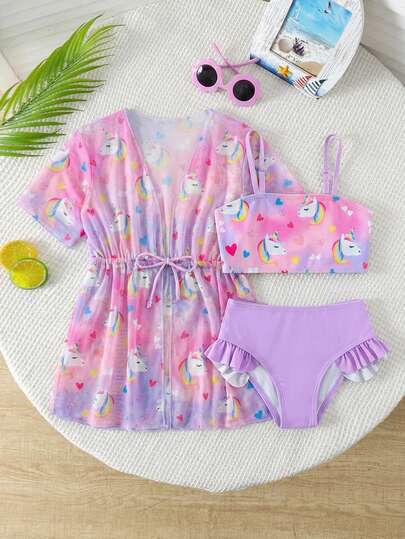 3pcs Set Young Girl Cartoon Unicorn Print Halter Bikini Swimwear With Short Sleeve Cover Up,Summer Beach Holiday Bathing Suit Swim Skirt Vacation Set