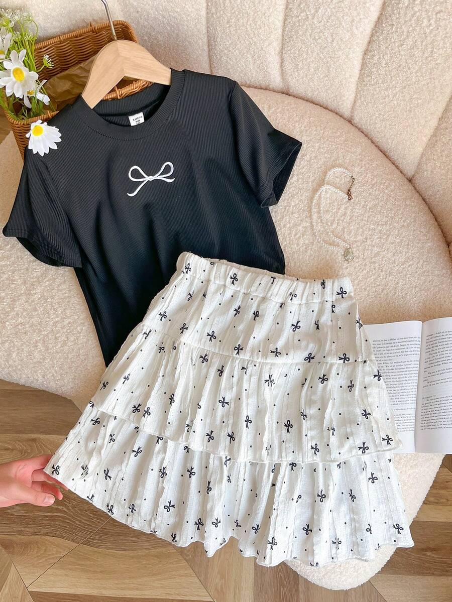 Genkimix Kids 女童蝴蝶刺绣弹力罗纹黑色短款T恤上衣搭配白色双层蛋糕裙套装，都市女孩通勤风，春季