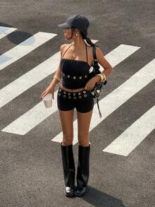 StreetHx Bộ đồ nữ gồm áo không tay gợi cảm kiểu dáng thường ngày với chi tiết xếp ly và quần short cạp thấp, thích hợp cho mùa xuân/thu. - màu đen - Xem 1