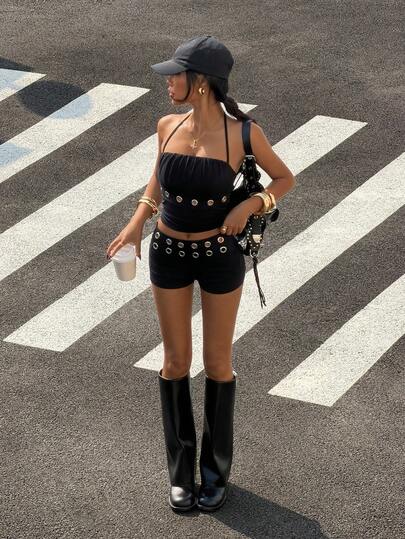 StreetHx 女士休闲性感无袖褶皱镂空装饰上衣+低腰超短裤套装，春秋季