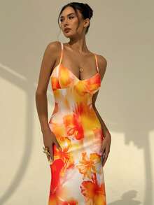 Aloruh 橙色扎染芙蓉花印花吊带紧身性感连衣裙，适合度假、海滩、音乐节、情人节等场合。 - 橘色 - 查看 7