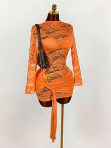 Amplova Women's Lace Mini Bodycon Dress,Long Sleeve Sheer Drawstring Hem Ruched Boho Dress For Party Events,Burnt Orange,Autumn,Techno,Club Night,Rave - Orange - View 6