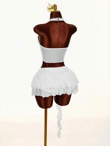 Amplova 2026早春新款露脐流苏白玫瑰衬衫和低腰A字裙女士两件套 - 白色 - 查看 2