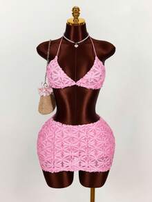 Amplova Romantic Boho Vacation New Textured Fabric Triangle Cup Bralette Top & Low Waist Mini Skirt Women 2-Piece Set Short Skirt Two Piece Set 2 Piece Sets Woman Lace Two Piece Set Bikini Skirt Set - Pink - View 1