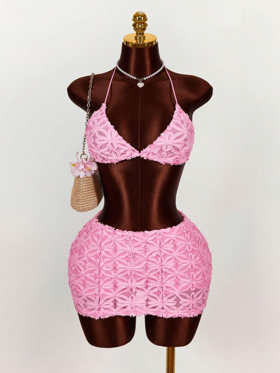 Amplova Romantic Boho Vacation New Textured Fabric Triangle Cup Bralette Top & Low Waist Mini Skirt Women 2-Piece Set Short Skirt Two Piece Set 2 Piece Sets Woman Lace Two Piece Set Bikini Skirt Set - Pink - View 1
