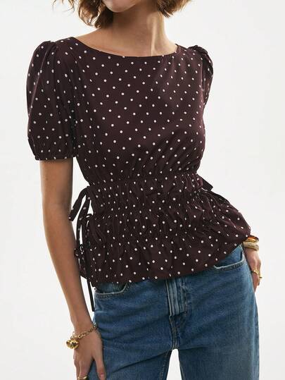 Poéselle Polka Dot Cinched Waist Round Neck Short Sleeve Top, Cute Polka Dot Puff Sleeve Peplum Top For Women, Chocolate Brown With White Polka Dots, Ruched Waist Spring Summer Blouse, Retro Y2K Casual Chic Elegant Vacation French-Style Top