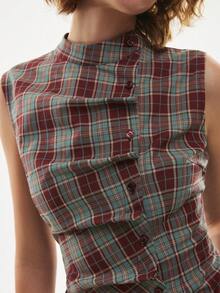 Poéselle 女士时尚褶皱红色格子无袖上衣，夏季 - 彩色 - 查看 3