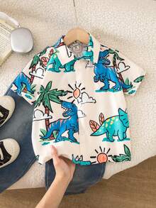 SHEIN 1pc Young Boys Casual Collegiate Comfortable & Fashionable Practical Soft Cartoon Dinosaur Print Short Sleeve Shirt, Suitable For Daily Wear, School, Outings, Spring/Summer