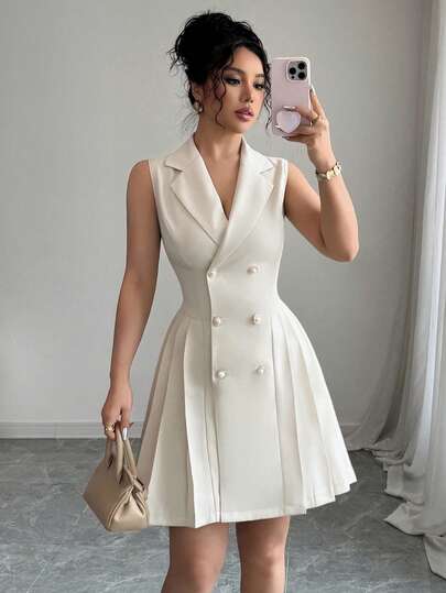 Elenzga 大码女式夏季优雅通勤腰部褶皱无袖连衣裙