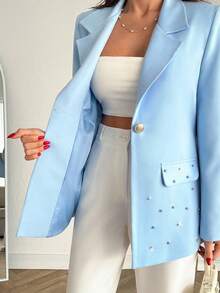 EURMUSE Women Lapel Neck Elegant Pearl Detailed Blazer - Baby Blue - View 5