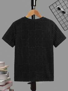 SHEIN T-shirt en tricot à col ras-du-cou, manches courtes, coupe regular, couleur unie, pour garçon préadolescent - Noir - Voir 2